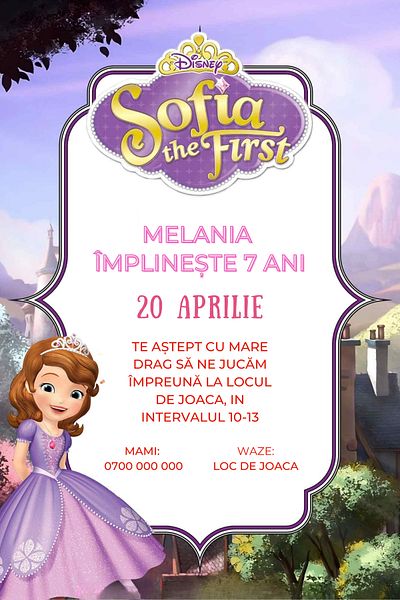 OEM Set 10 invitatii personalizate pentru aniversare copii, plic inclus, 10x15 cm, tematica Sofia Intai
