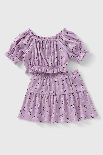 Kübra Tekstil Lupinn Fashion Girl's Lilac Floral Print Blouse Skirt Set, Girl's Set