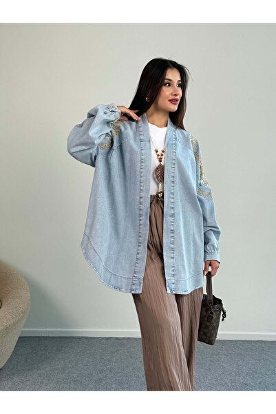 Hatun Atila Nakış Detaylı Oversize Denim Ceket 8823 - Açık Mavi