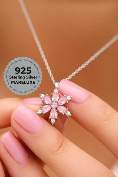 Mareluxe 925 Ayar Gümüş Zirkon Taşlı Pembe Taşlı Kar Tanesi Manolya Çiçeği Kolyesi Sevgililer Günü Hediyesi