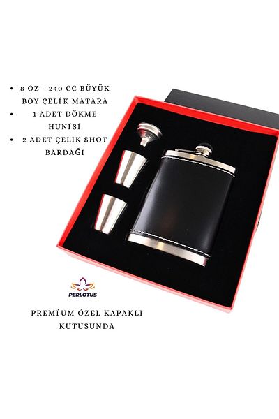 PERLOTUS 8 oz 240 Cc Patent Leather Black Genuine Leather Whiskey Flask Shot Glass Set Boxed Father's Day