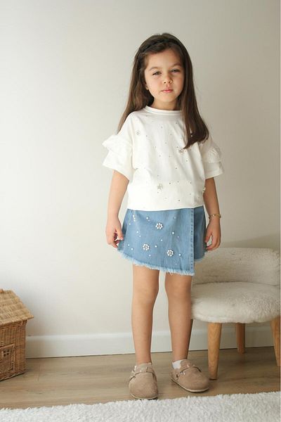 Zuzu Pearl Denim Shorts Skirt Girl's Set