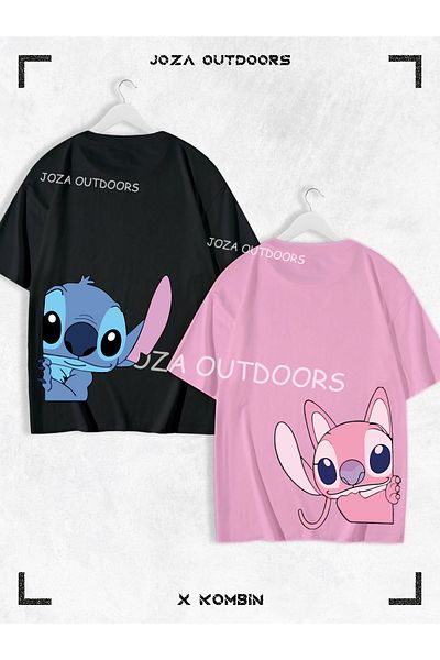 Joza Outdoors Γυναικεία Ανδρικά Lilo Angel Stitch Πίσω μέση με στάμπα Dear Couple Combination Oversize Πολύχρωμο μπλουζάκι 2 τεμαχίων