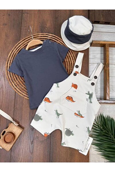 Little Baby Safari Şapkalı Omuzdan Çıtçıtlı Body Dinazor Baskılı Salopet Erke...