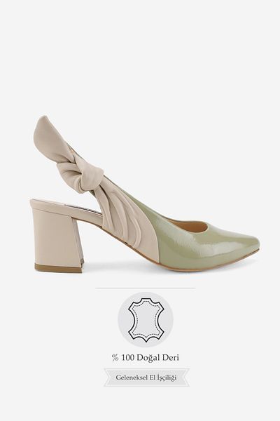 TUNAELLİ Women's Green Patent Leather Genuine Leather 34-35-41 Number Heel Back Open Shoes