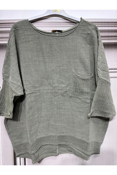 AGORATEKSTİL Women's Oversize Mesh 100% Linen Blouse