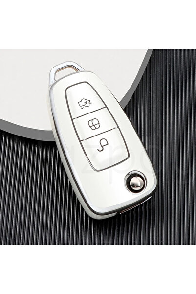 Alazpay Husă pentru chei din TPU pentru Ford Focus Mondeo Fiesta Kuga Transit Tourneo C Max S Max Galaxy Ranger (alb)
