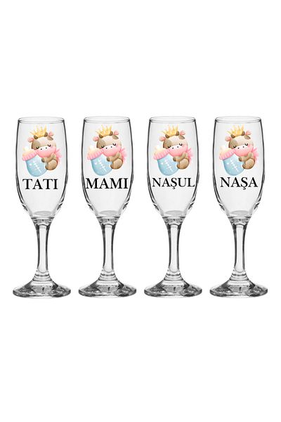 OEM Set pahare Sampanie din sticla, personalizate, Parinti si Nasi, pentru botez baieti, 4 bucati