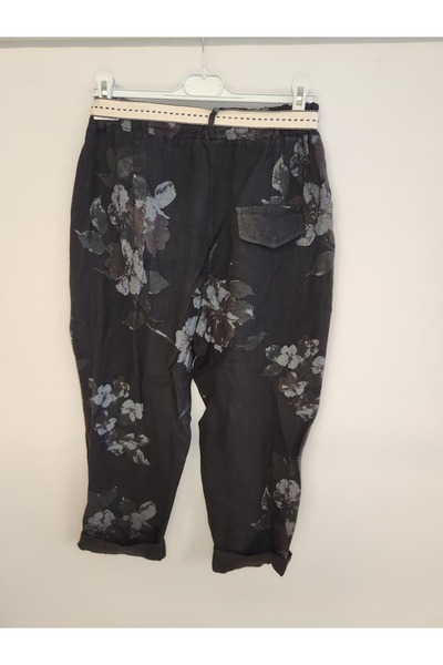 della moor Women's Black Italian Floral Patterned Linen Trousers