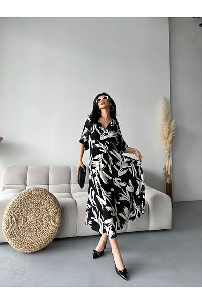 BLUSS Rochie midi cu decolteu în V cu model alb-negru pentru femei