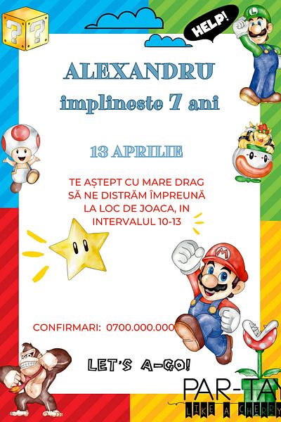 OEM Set 10 invitatii personalizate pentru aniversare copii, plic inclus, 10x15 cm, tematica Mario