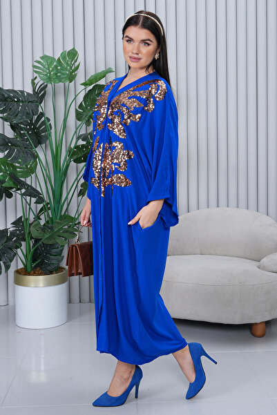 EL jadida Rochie lungă din viscoză, cu paiete, cu nasturi, mărime mare, albastru cobalt albastru