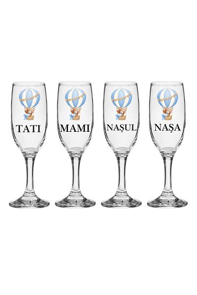 OEM Set pahare Sampanie din sticla, personalizate, Parinti si Nasi, pentru botez baieti, 4 buc