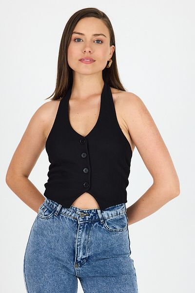 Rays Black Halter Neck Button Detailed Vest 2425