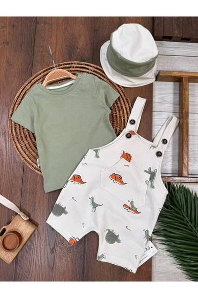 Little Baby Safari Hat Shoulder Snap Body Dinosaur Printed Salopet Baby Boy Set
