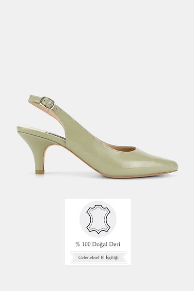 TUNAELLİ Women's Green Patent Leather Genuine Leather 34-35-41 Number Short Heel Back Open Shoes