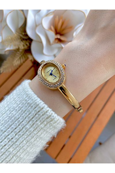 Arzu Butik Oval Stone Bracelet Model Women's Wrist Watch Gold Color