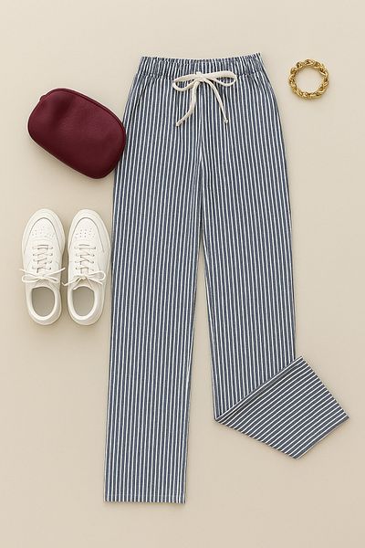 OTAKU Women's Waterway Fabric Wide Leg Striped Lace-Up Double Pocket Pants