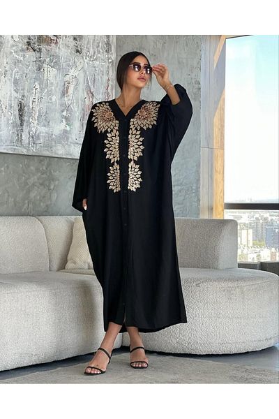 EL jadida Women's Embroidered Sequin Buttoned Plus Size Viscose Long Dress Black