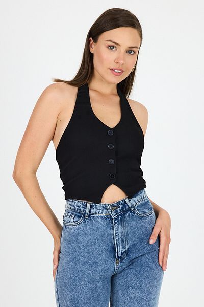Rays Black Halter Neck Button Detailed Vest 2425