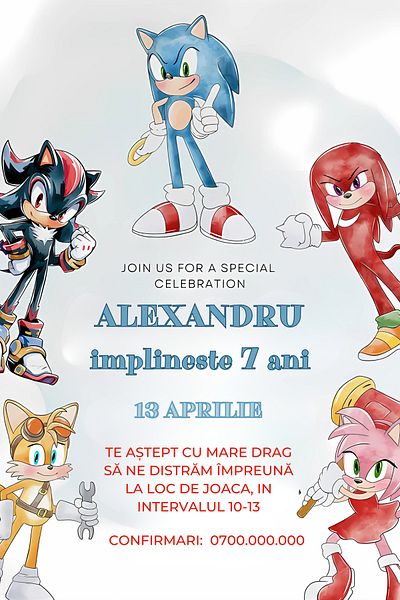 OEM Set 10 invitatii personalizate pentru aniversare copii, plic inclus, 10x15 cm, tematica Sonic
