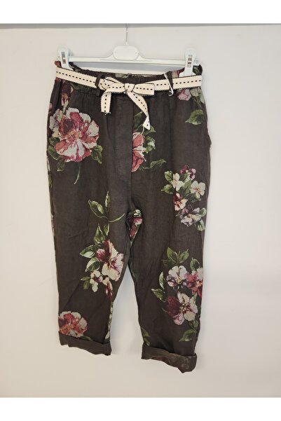 della moor Women's Brown Italian Floral Patterned Linen Trousers