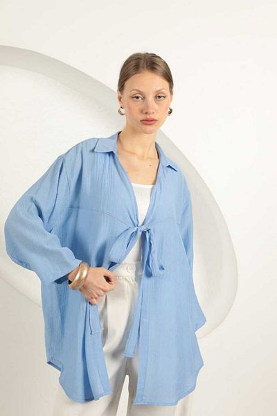 LE CARAMBOLE Cardigan kimono de vară cu guler de cămașă cu șireturi albastre pentru femei