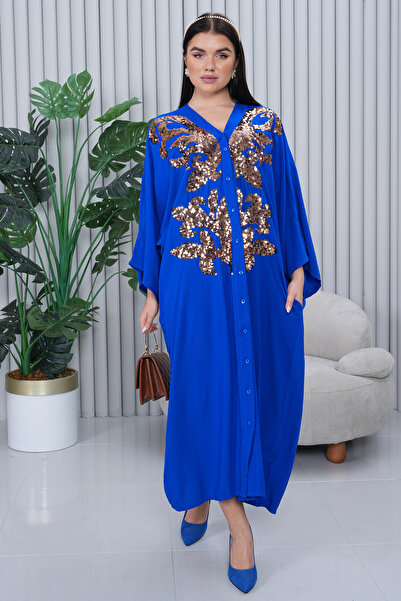 EL jadida Rochie lungă din viscoză, cu paiete, cu nasturi, mărime mare, albastru cobalt albastru