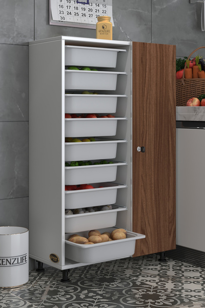 Kenzlife Sepetli Kilitli Mutfak Dolabı Eslem Cvzbyz 122*075*32 Erzak 9 Sepetli