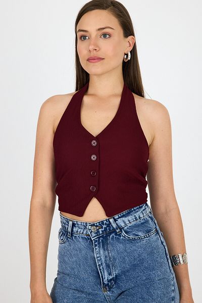 Rays Burgundy Halter Neck Button Detailed Vest 2425