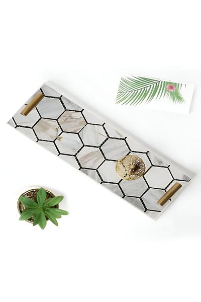 rexa Elegant Acrylic Serving Tray with Gold-Tone Handles and Stone Design