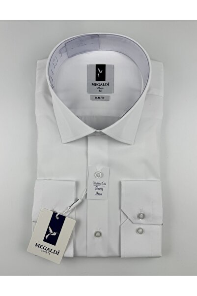 Erkek Slim Fit Kesim Beyaz Easy Iron (Kolay Ütü) Uzun Kollu Gömlek