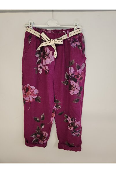 della moor Γυναικείο μωβ ιταλικό λινό παντελόνι με φλοράλ σχέδιο