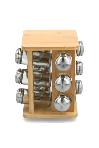 Bien Servi 12-Piece Bamboo Spice Jar Set with Rotating Stand Clear and Brown