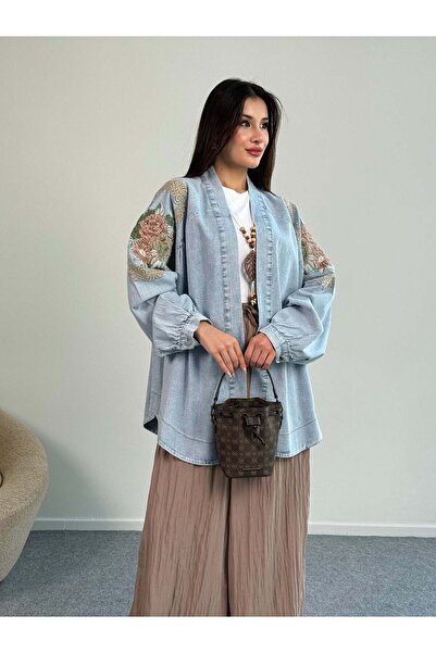 Hatun Atila Nakış Detaylı Oversize Denim Ceket 8823 - Açık Mavi