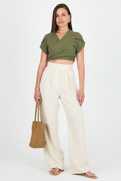 Rays Natural Linen Look 100% Cotton Trousers with Velcro Closure Detail 4748A