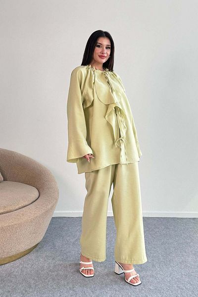 Hatun Atila Ruffled Tie-Up Detail Shirt and Wide Leg Pants Two-Piece Set 2027 - Pistachio Green