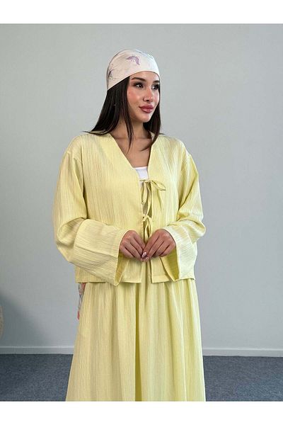 Hatun Atila Tie Detail Jacket and Long Skirt Two Piece Set 8842 - Yellow