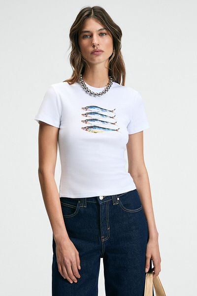 GRIMELANGE Athea Women's Crew Neck Short Sleeve Front Printed Slim White T-Shirt