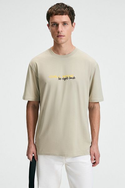 GRIMELANGE Fresh Men's 100% Cotton Oversize Fit Printed Short Sleeve Round Neck Stone Color T-Shirt