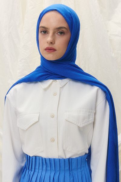 FENZA SCARF Lilyum Saks Blue Fringe Tassled Cotton Shawl