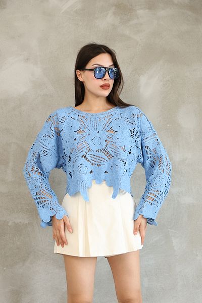 DM DİLAN MODA Women's Crochet Standard Size Blue Color Bluz