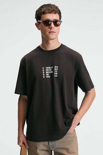 GRIMELANGE Tasty Men's 100% Cotton Oversize Fit Printed Short Sleeve Round Neck Brown T-Shirt