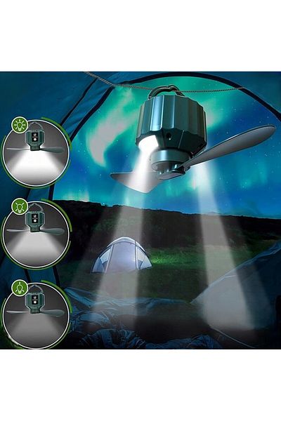zola Ventilator camping 2 in 1 cu LED, 3 viteze, lumina reglabila, telecomanda, USB, 5200mAh, verde