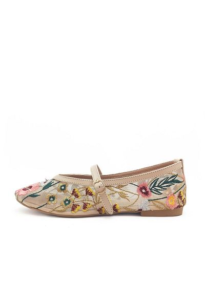 GDT Ayakkabı Balerini de damă cu plasă de culoare bej cu motiv floral