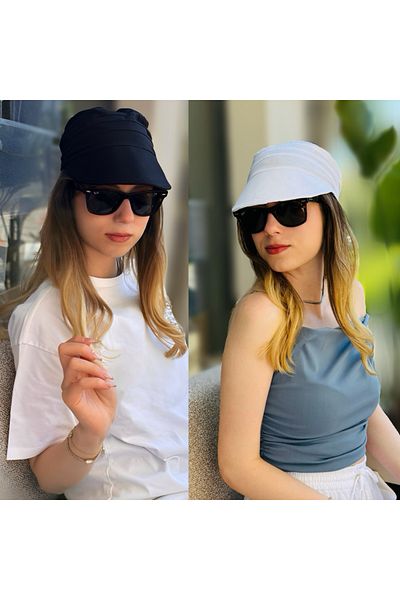 ZERAMİNE Women's Tie-Up Visor Hat Beach Hat 2-Piece Black White