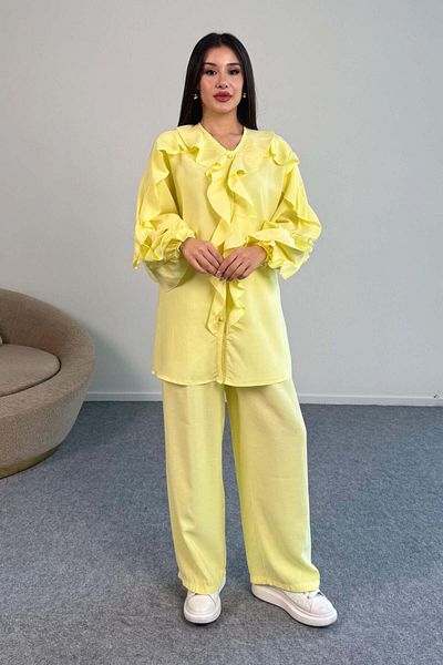 Hatun Atila Ruffle Detail Long Sleeve Blouse and Wide Leg Pants Two Piece Set 8023 - Yellow