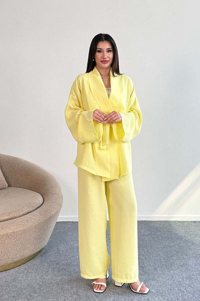 Hatun Atila Tie-Up Kimono Jacket and Wide Leg Pants Two-Piece Set 8026 - Yellow