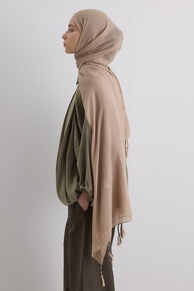 FENZA SCARF Brice Light Mink Long Fringe Tassel Cotton Shawl