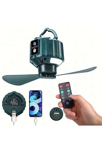 zola Ventilator camping 2 in 1 cu LED, 3 viteze, lumina reglabila, telecomanda, USB, 5200mAh, verde